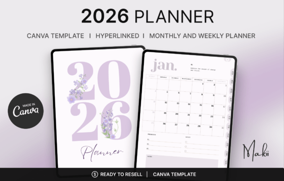 Minimalist design of the cover page for the 2026 Digital Planner Canva Template on a white tablet.
