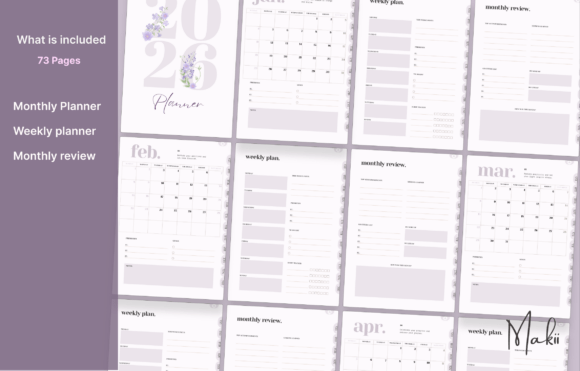 Close-up of a set of pages in the digital monthly planner template and the Canva 2026 digital planner template layout.
