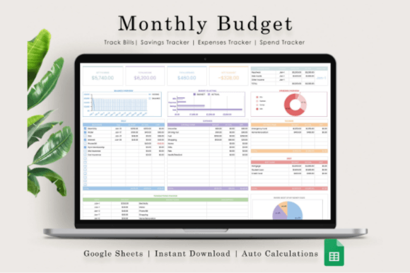 Laptop screen showing the dashboard of the Monthly Budget Google Sheets alongside a sleek digital monthly planner template.