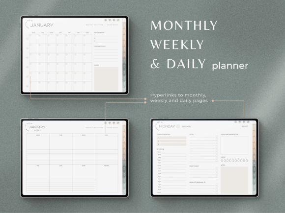 A close-up of the monthly, weekly, and daily planner pages in the undated digital planner interface.