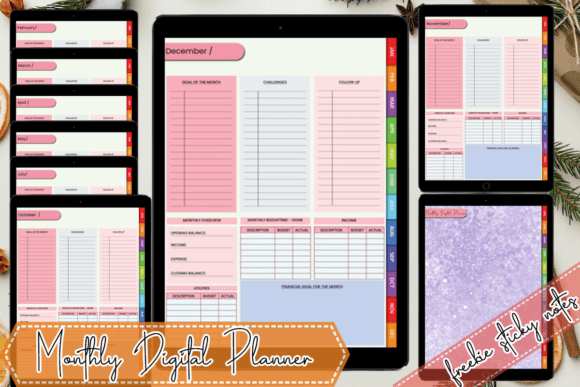 iPad showing the main grid of a digital monthly planner template and the Monthly Digital Planner with Hyperlinks.