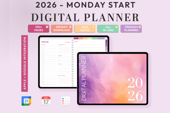 Front cover of the All-in-One Digital Planner 2026 - Monday showing a digital monthly planner template with pastel icons.
