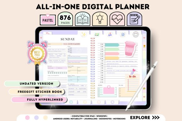 Digital tablet screen showcasing the pastel pink and blue cover of the Undated Digital Planner.