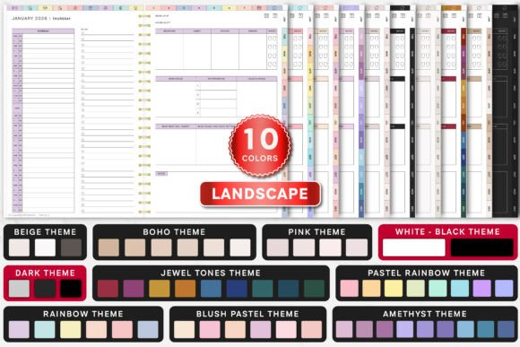 A full screen preview of ten different aesthetic color themes available in the All-in-One Digital Planner, Goodnotes bundle.