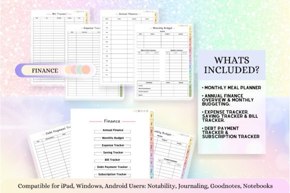Screenshot of the finance tracker sheets inside a digital monthly planner template for an undated digital planner.