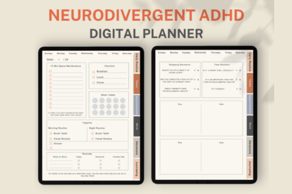 Minimalist vertical display of an Adhd Digital Planner template on a tablet.