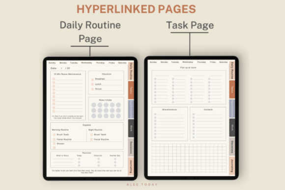 Detailed view of the hyperlinked daily routine and task page sections from ADHD Digital System.