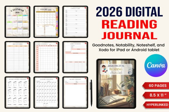 A close-up of the reading journal template and various pages in the 2026 All-in-One Digital Planner Bundle.