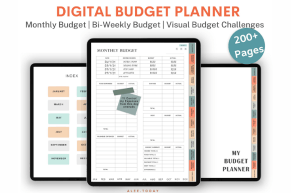  A tablet displaying the modern digital budget planner / financial planner page as a digital budget planner template.