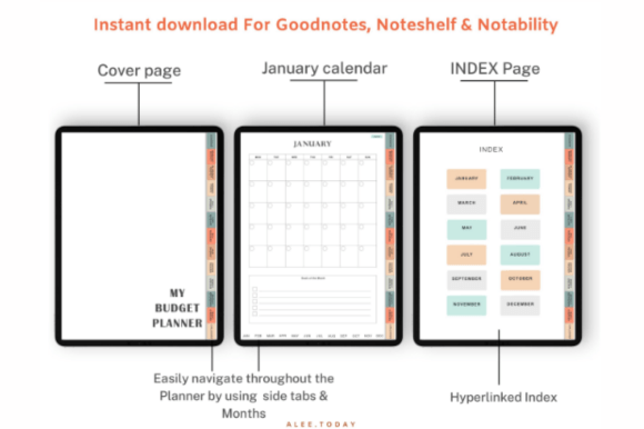 Detailed view of the colorful navigation tabs inside the modern digital budget planner / financial planner.