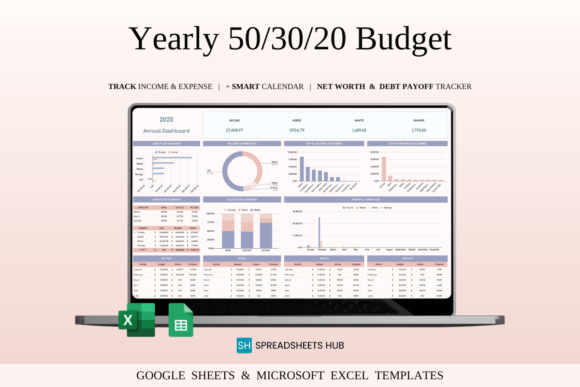 Display of the yearly overview tab of the practical 50-30-20 annual budget planner.