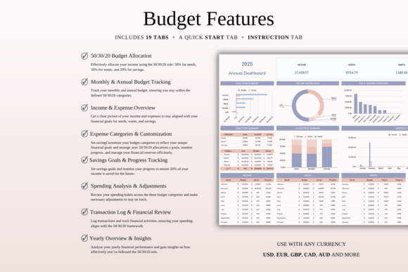 View of the practical 50-30-20 annual budget planner summary page within a 50-30-20 budget planner template.