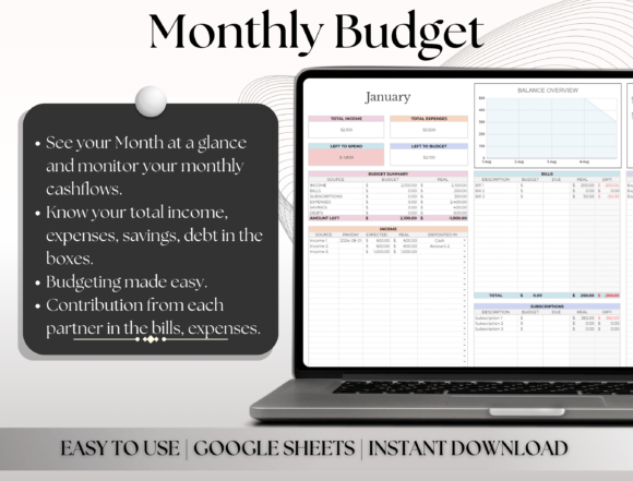 Screenshot of the monthly dashboard page of the premium family budget planner.