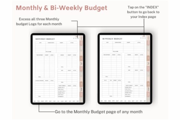 Macro shot of the monthly and Bi-weekly budget list in the style of the digital budget planner's financial plan template.