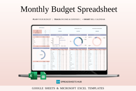 The main dashboard of the color-coded monthly budget spreadsheet excel within a visual budget planner template on laptop screen.