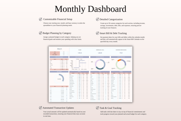 Close-up of the monthly dashboard in the color-coded monthly budget spreadsheet excel on a desktop.