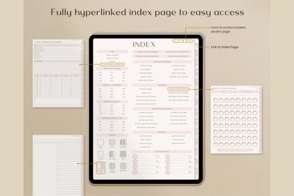 The index landing page of the sleek minimal budget planner digital planner shown as a minimalist budget planner template.