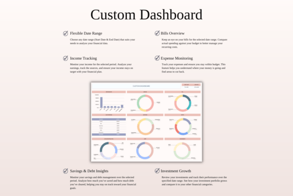 Graphical visualization of the customizable dashboard in the income and expense tracking spreadsheet.