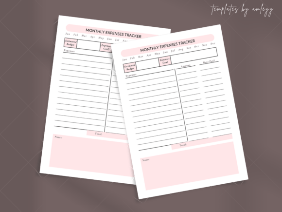 The two main pages of the monthly budget planner in template format.