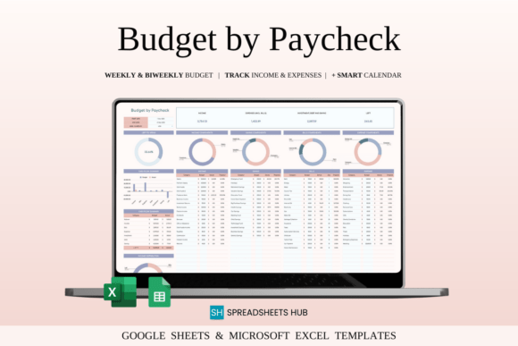 Laptop screen displaying a budget planner template based on a simple payroll budget spreadsheet in Excel.