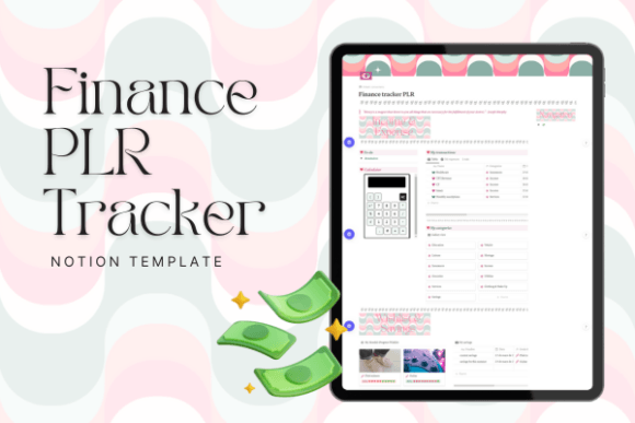 A sleek Notion dashboard for the PLR finance tracker notion template inside a budget planner template frame.
