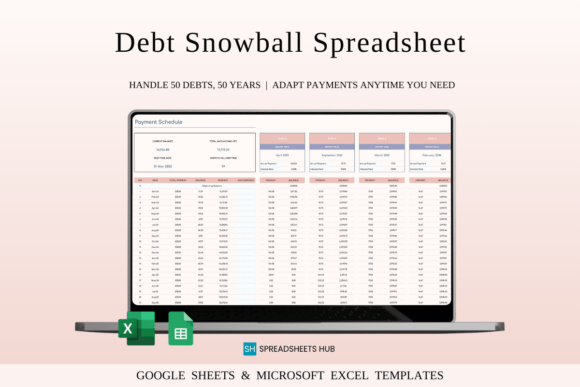 Overview of payment schedules in the budget planner template version of the debt snowball spreadsheet excel on laptop screen.