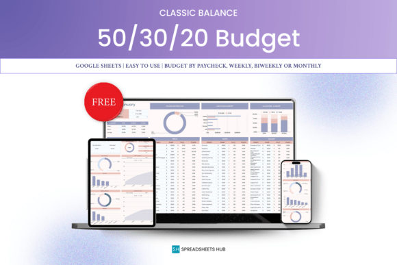 Monthly dashboard display in the 50-30-20 smart budget template in Google Sheets, displayed on a laptop, tablet, and smartphone.