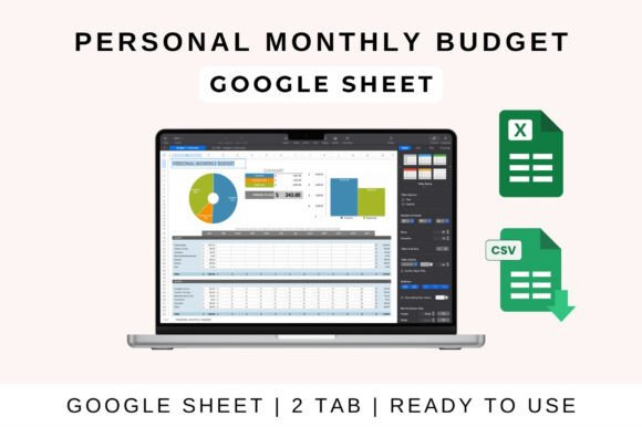 Summary of monthly income vs expenses inside the intuitive personal monthly budget template on laptop screen.