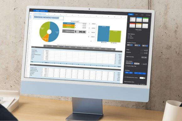 A simple personal monthly budget template displayed on a computer monitor as a compact budget planner template.