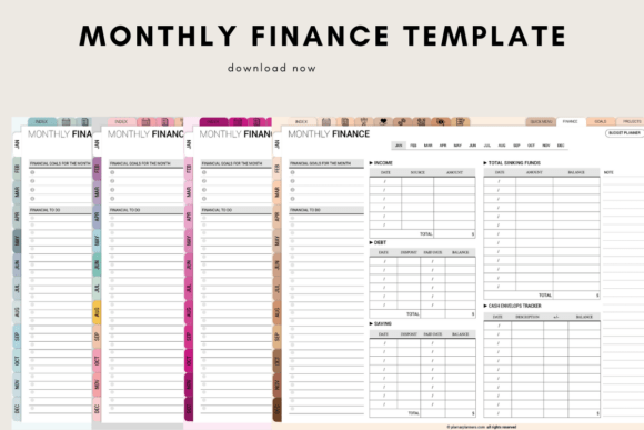 Collection of financial overview pages including an income log from the budget planner template style Monthly Finance Tracker – Budget Plan.