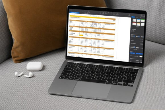  Interface of the Monthly Finance Tracker – Budget Plan displayed on a professional laptop screen.
