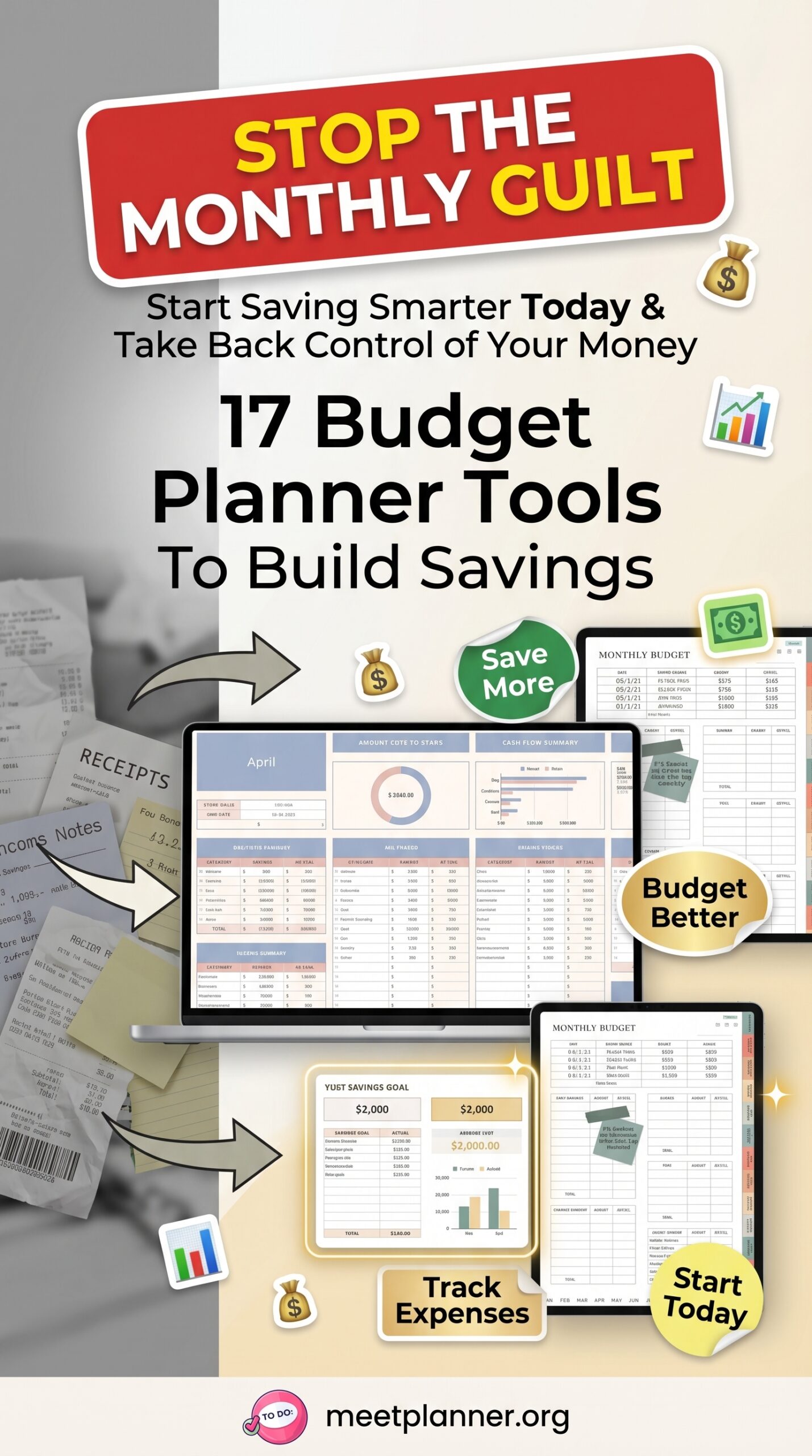 A collage of the main images for the article - Stop The Monthly Guilt: 17 Creative Budget Planner Template Tools To Build Savings