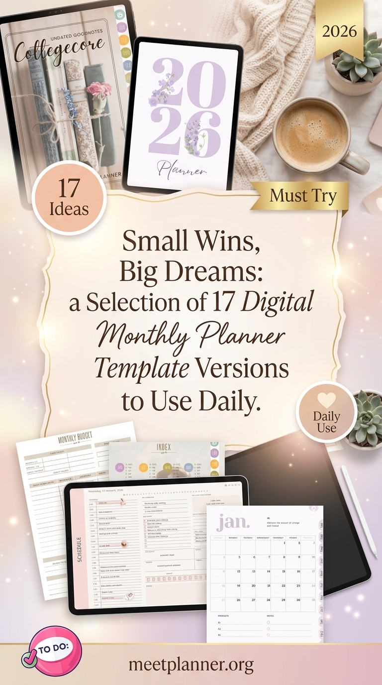 Featured image for this article: Small Wins, Big Dreams: A Selection of 17 Digital Monthly Planner Template Versions to Use Daily
